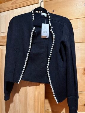 Black Women's Knit Open Cardigan with Pearl Trim